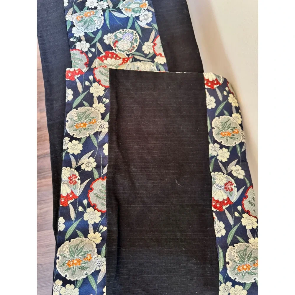 VTG Japanese Kimono‎ Silk Brocade Table Runner Black Navy Butterfly Floral 12x58